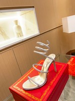 Rene Caovilla Shoes High Heel Pumps Sandals Gold Red Set With Diamonds Sheepskin Silk