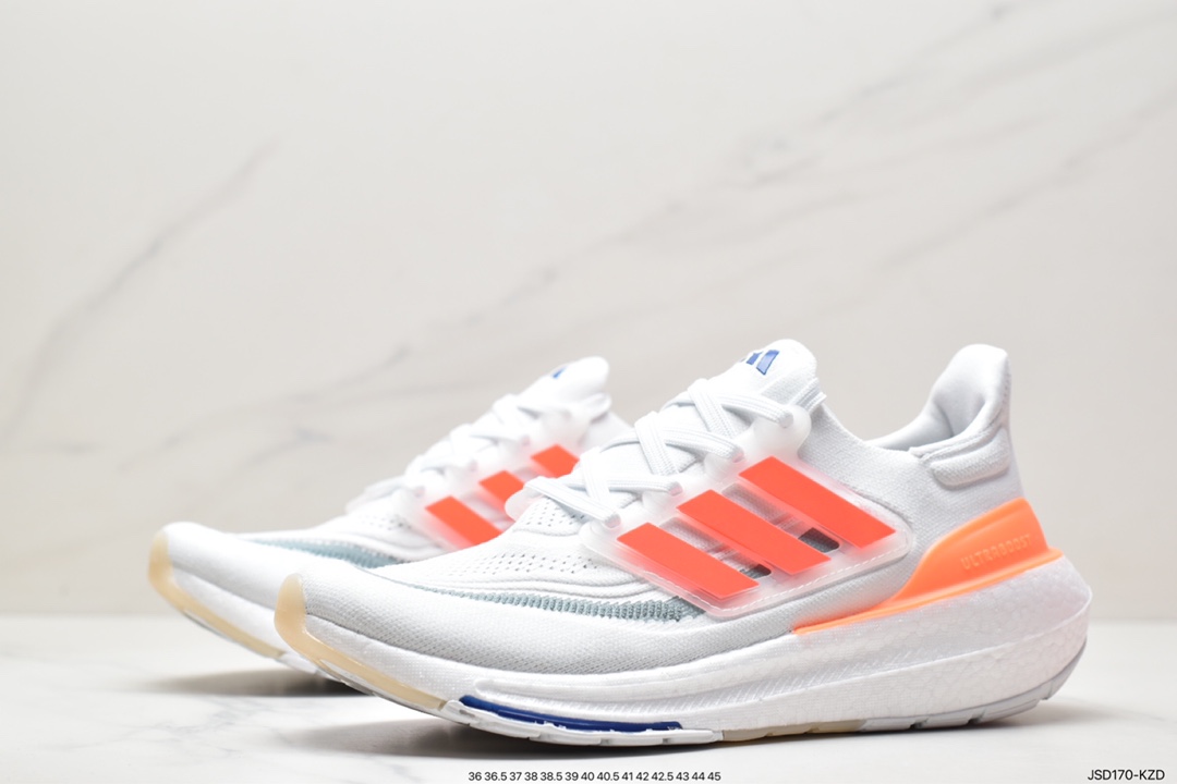 Adidas Pure Boost 23 Light Bounce Series Low-top Sock-style Knitted Breathable Cushioning Casual Sports Jogging Shoes ”White, Blue and Orange” HS6344