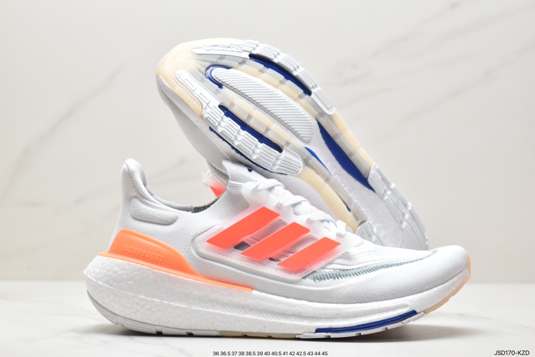 Adidas Pure Boost 23 Light Bounce Series Low-top Sock-style Knitted Breathable Cushioning Casual Sports Jogging Shoes ”White, Blue and Orange” HS6344