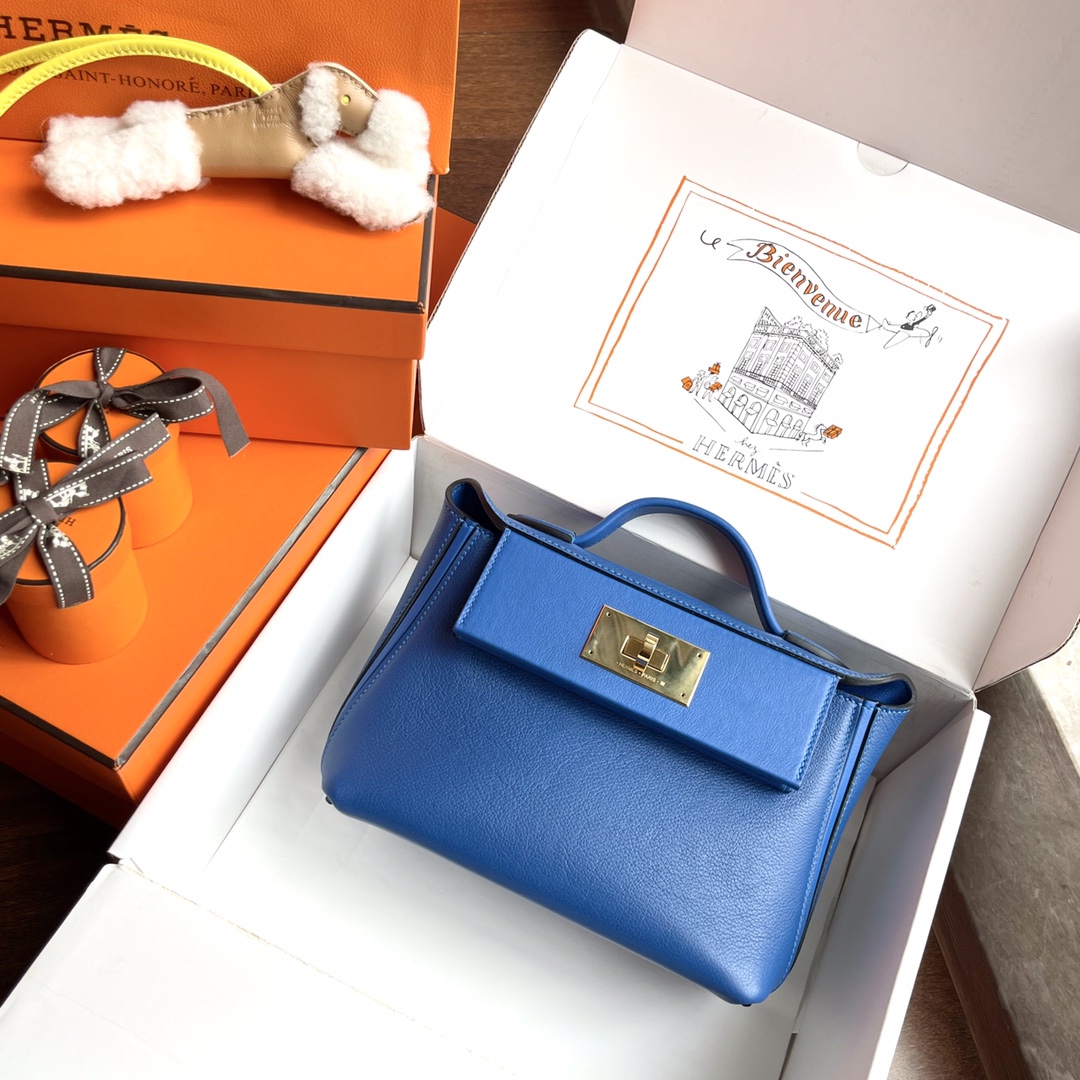 Hermès Best quality at a good price 71 French blue hermes2424 mini series evecolor cowhide with swift leather handmade wax thread small quantity