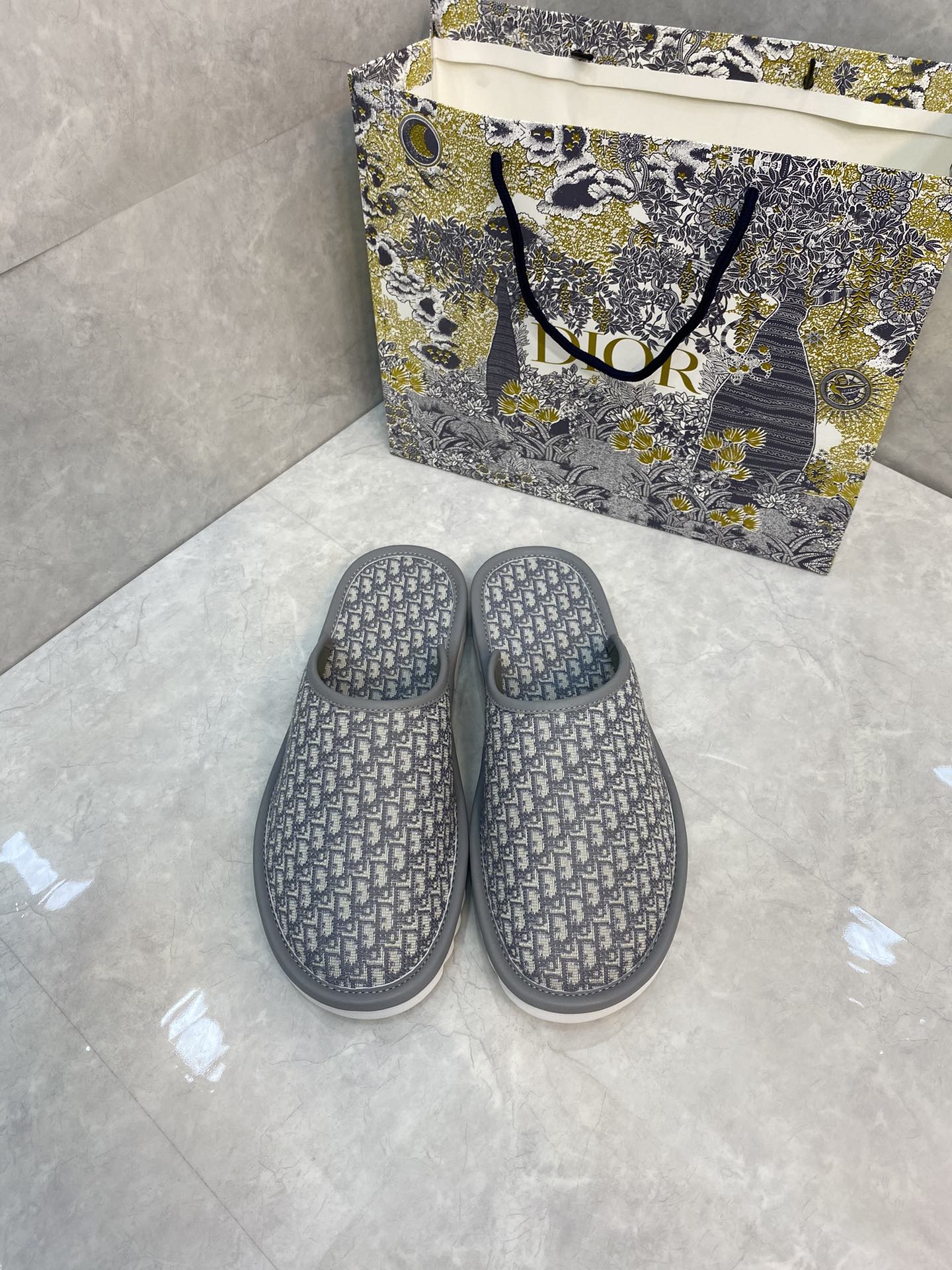 Dior Schuhe Sandalen Badelatschen Beige Grau Kautschuk Sommerkollektion Oblique Lässig