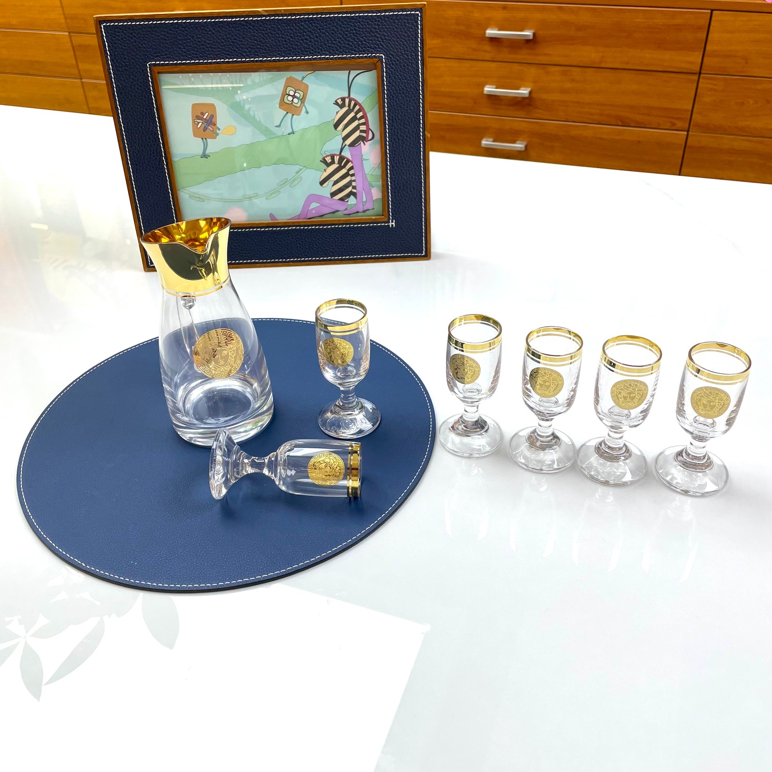 Versace Crystal Liquor Set: Decanter and Six Glasses with 24K Gold Details