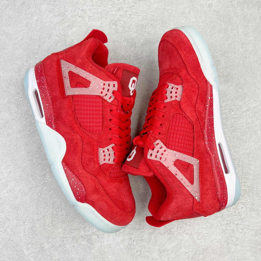 图片[3]-💰130 ＃PB版 福利特价‼Air Jordan AJ4 Retro PE 俄克拉荷马限定大红 耗时半年巨作 40余配色陆续出货 全套原纸板楦头开发 调试30余版 确保原汁原味完美呈现四代版型 一比一鞋头弧度高度趴度鞋身弧度 此版本只针对中端市场 皮料材质有所更替 其他数据细节工艺流程均保持公司一致 细节品控鞋型随意秒杀市面3XX 4XX 原厂TPU网格鞋带扣 正确内里网布 菱角分明不变形无多余毛边 柔软性质感一致于原鞋 原厂织唛标 原厂飞人电绣工艺 独家绑鞋带手法 印刷中底布 四线拉帮 米色美纹纸贴合固定 进口港宝加持 后跟自然饱满 全鞋荧光划线卡点 追求极致完美 每一双都是工艺品 多重QC质检 超越公司货的品控标准 实实在在的免检产品 尺码：40 40.5 41 42 42.5 43 44 44.5 45 46 47.5 编码：by2936000-运动鞋