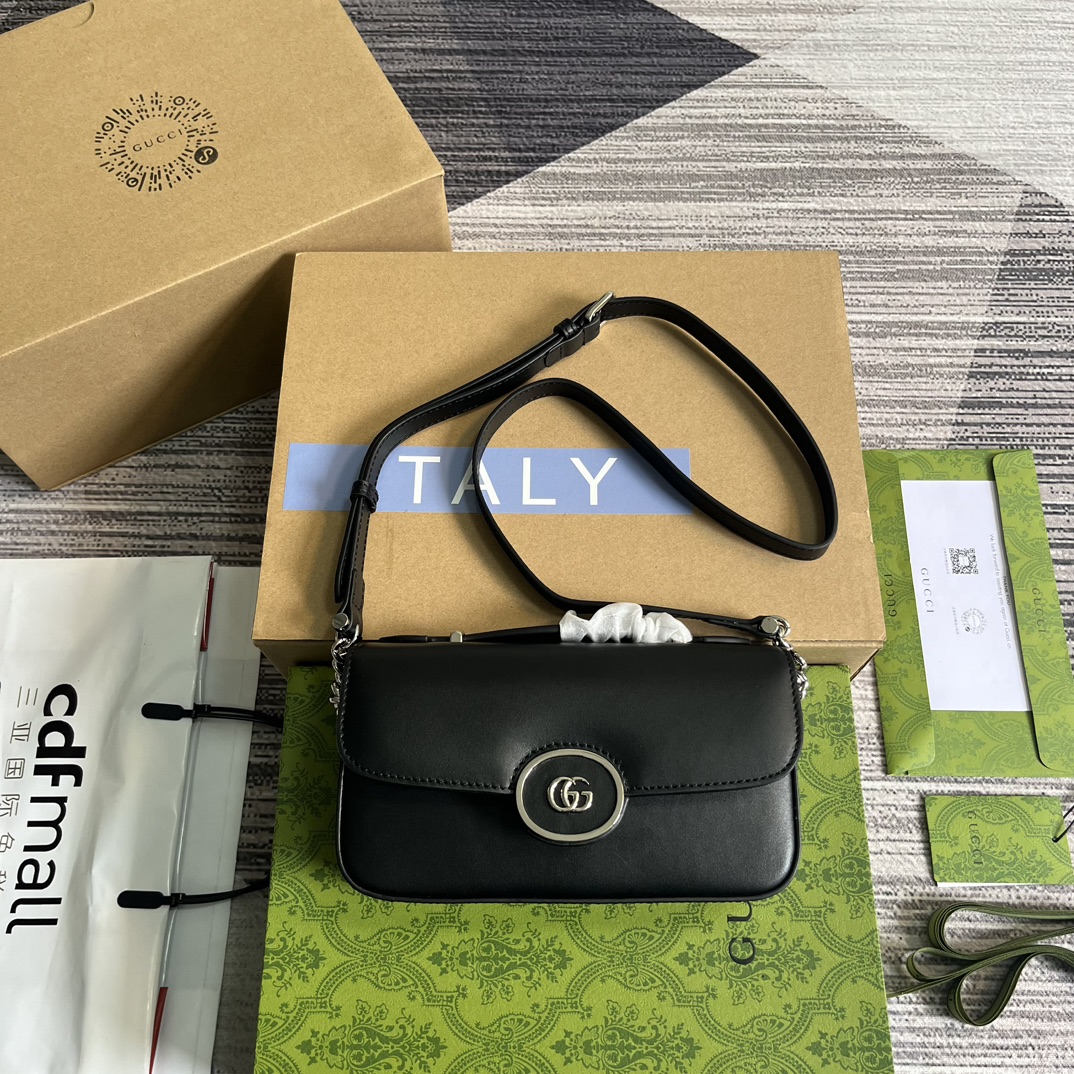 GUCCI Petite GG Small Shoulder Bag Black Leather Zip Closure Adjustable Strap