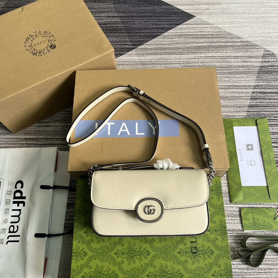 GUCCI Petite GG Small Shoulder Bag White Leather Double G Zipper