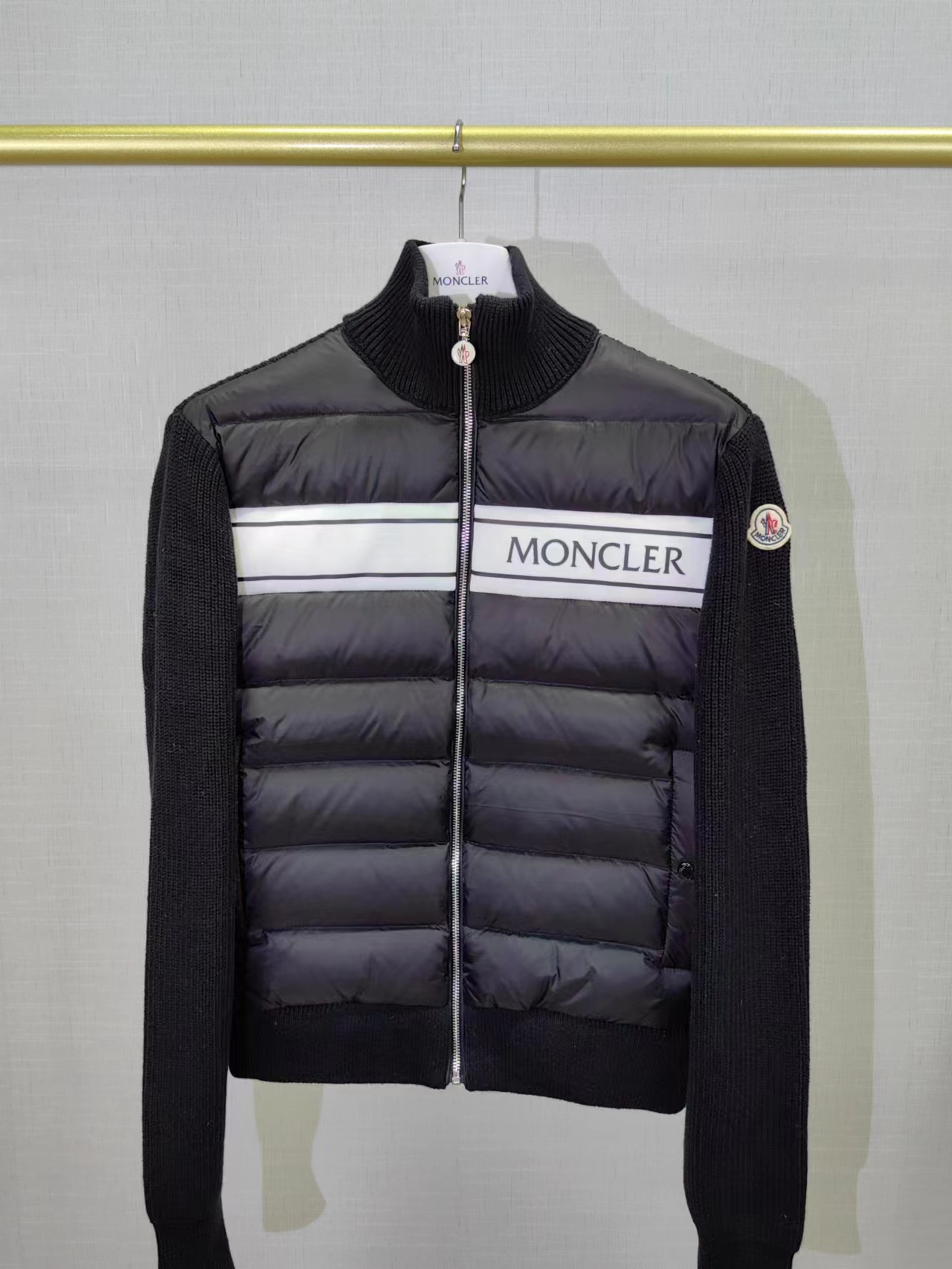 Moncler Ropa Rebecas Abrigos y chaquetas Chaqueta de plumón Jersey de punto Negro Blanco Hombres Tejido Lana