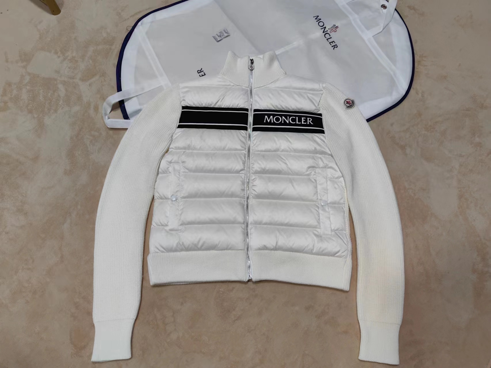 Moncler Ropa Rebecas Abrigos y chaquetas Chaqueta de plumón Jersey de punto Negro Blanco Hombres Tejido Lana