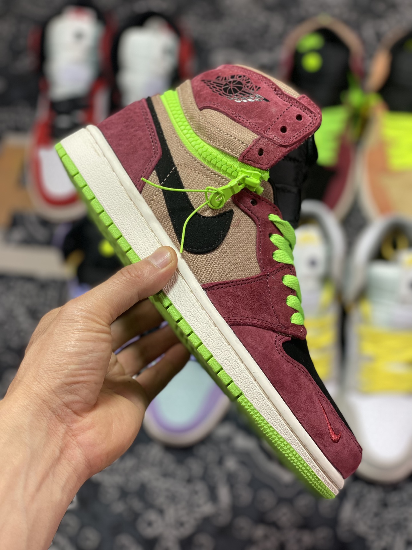 Air Jordan 1 Switch brown reddish brown fluorescent green black zipper J1 Joe 1 high top culture basketball shoes CW6576-800