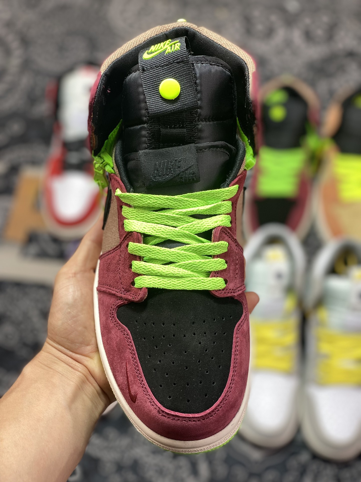 Air Jordan 1 Switch brown reddish brown fluorescent green black zipper J1 Joe 1 high top culture basketball shoes CW6576-800