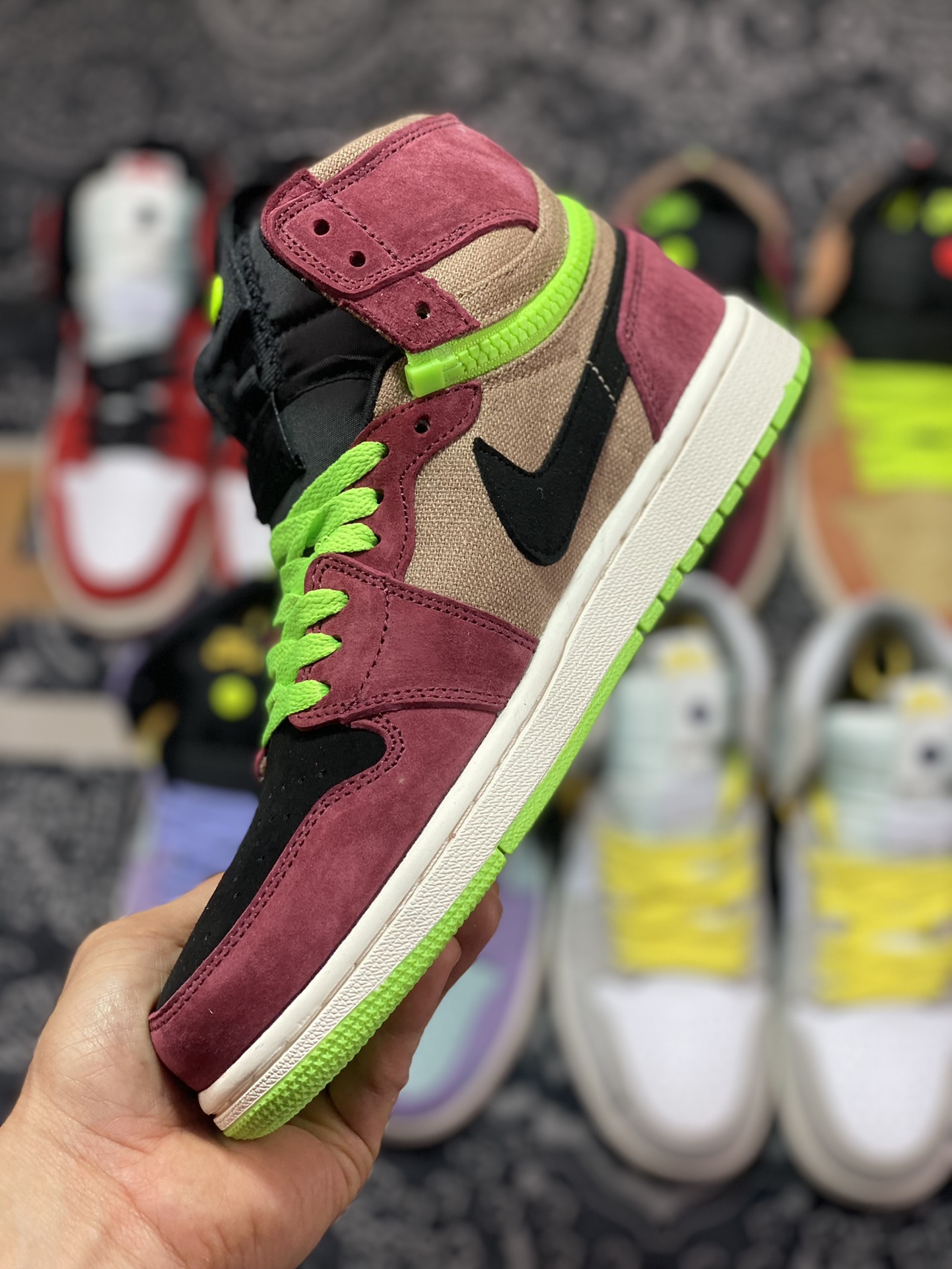 Air Jordan 1 Switch brown reddish brown fluorescent green black zipper J1 Joe 1 high top culture basketball shoes CW6576-800