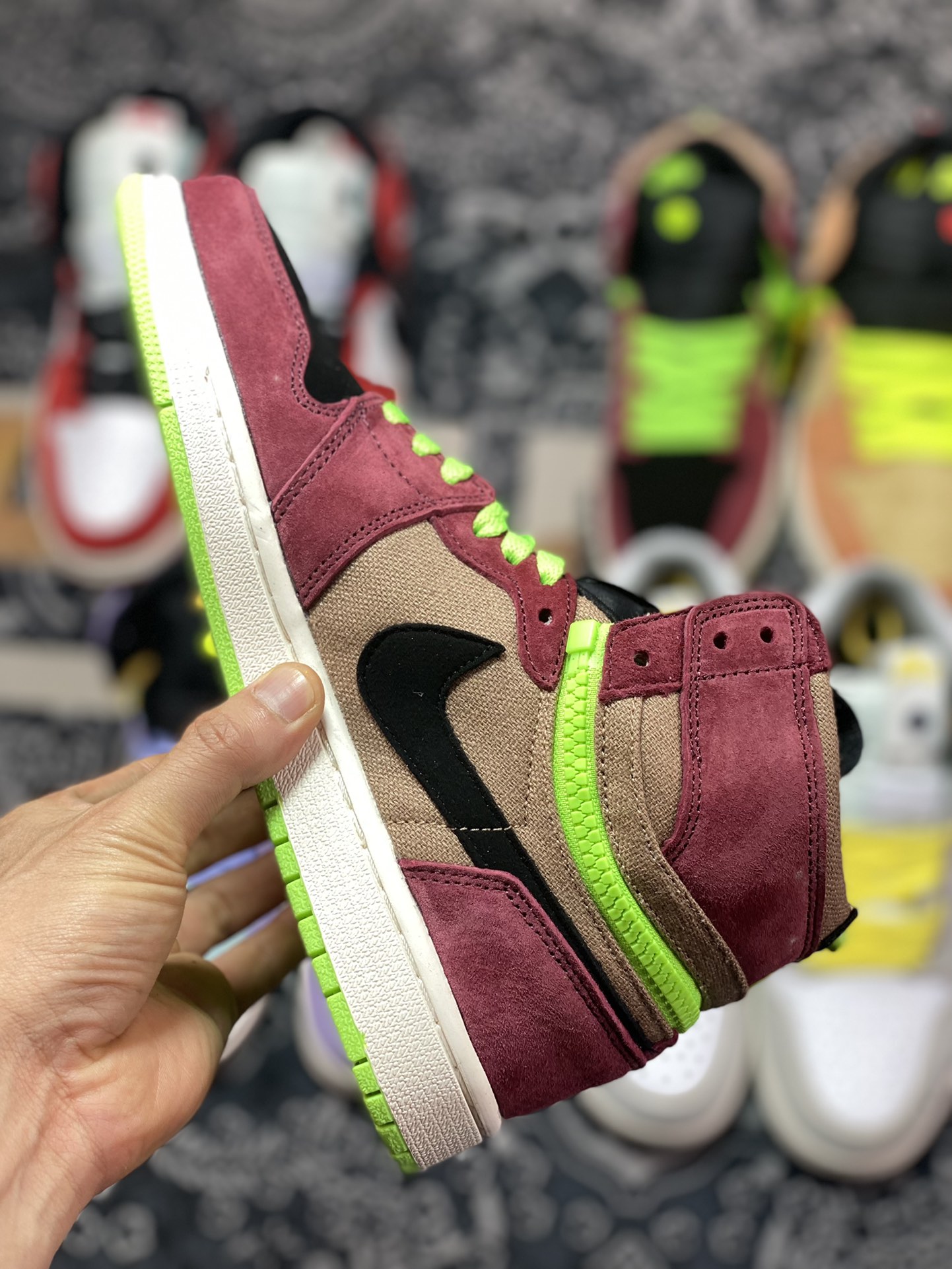 Air Jordan 1 Switch brown reddish brown fluorescent green black zipper J1 Joe 1 high top culture basketball shoes CW6576-800