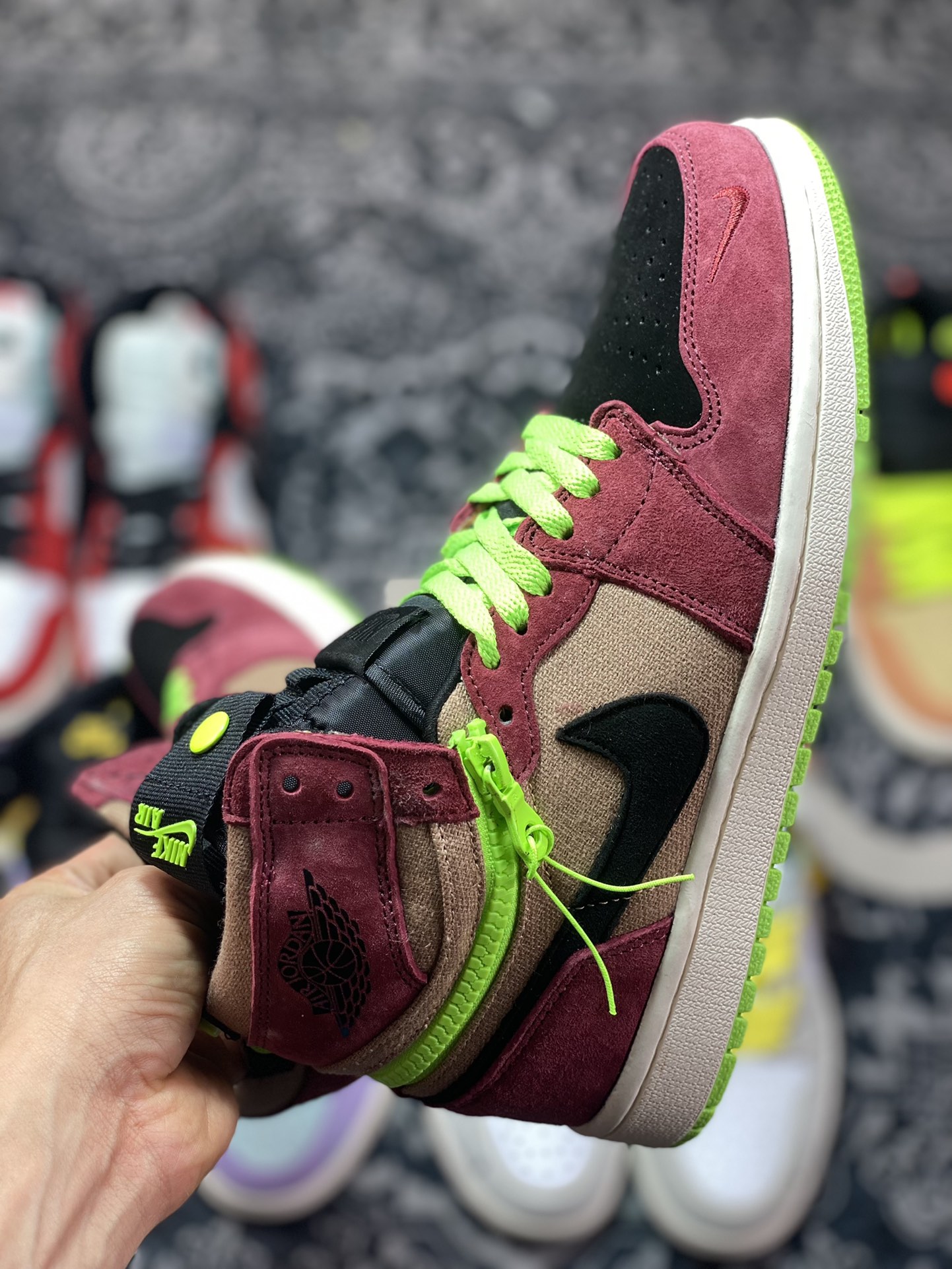 Air Jordan 1 Switch brown reddish brown fluorescent green black zipper J1 Joe 1 high top culture basketball shoes CW6576-800