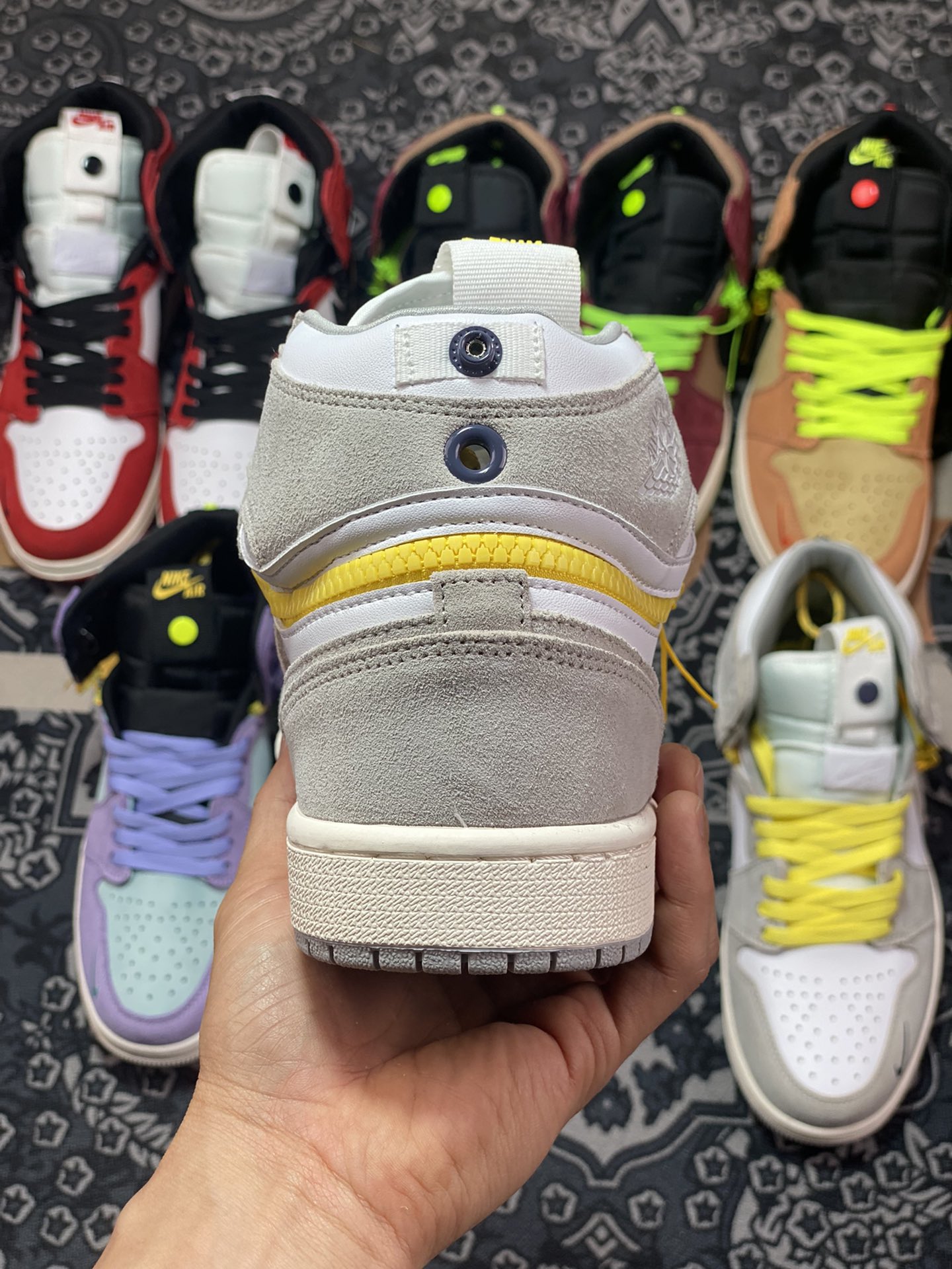 Air Jordan 1 Switch ”Light Smoke Grey” gray, white and yellow zipper basketball shoes 861428-107