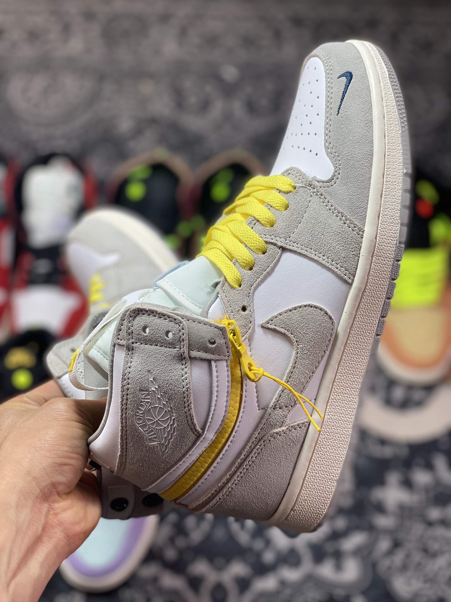 Air Jordan 1 Switch ”Light Smoke Grey” gray, white and yellow zipper basketball shoes 861428-107