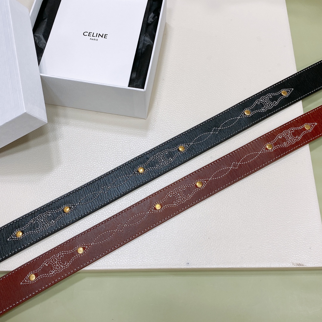 [Celine Belts]C LINE round buckle ELEGANT Embroidery single layer leather retr
