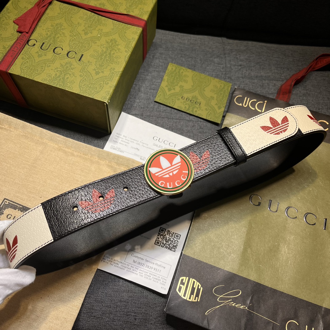  古奇 宽4.0cm 新款 阿迪达斯和古奇收藏的第二章，网络继续与三条白色条纹并置，GG字母与三叶草结合