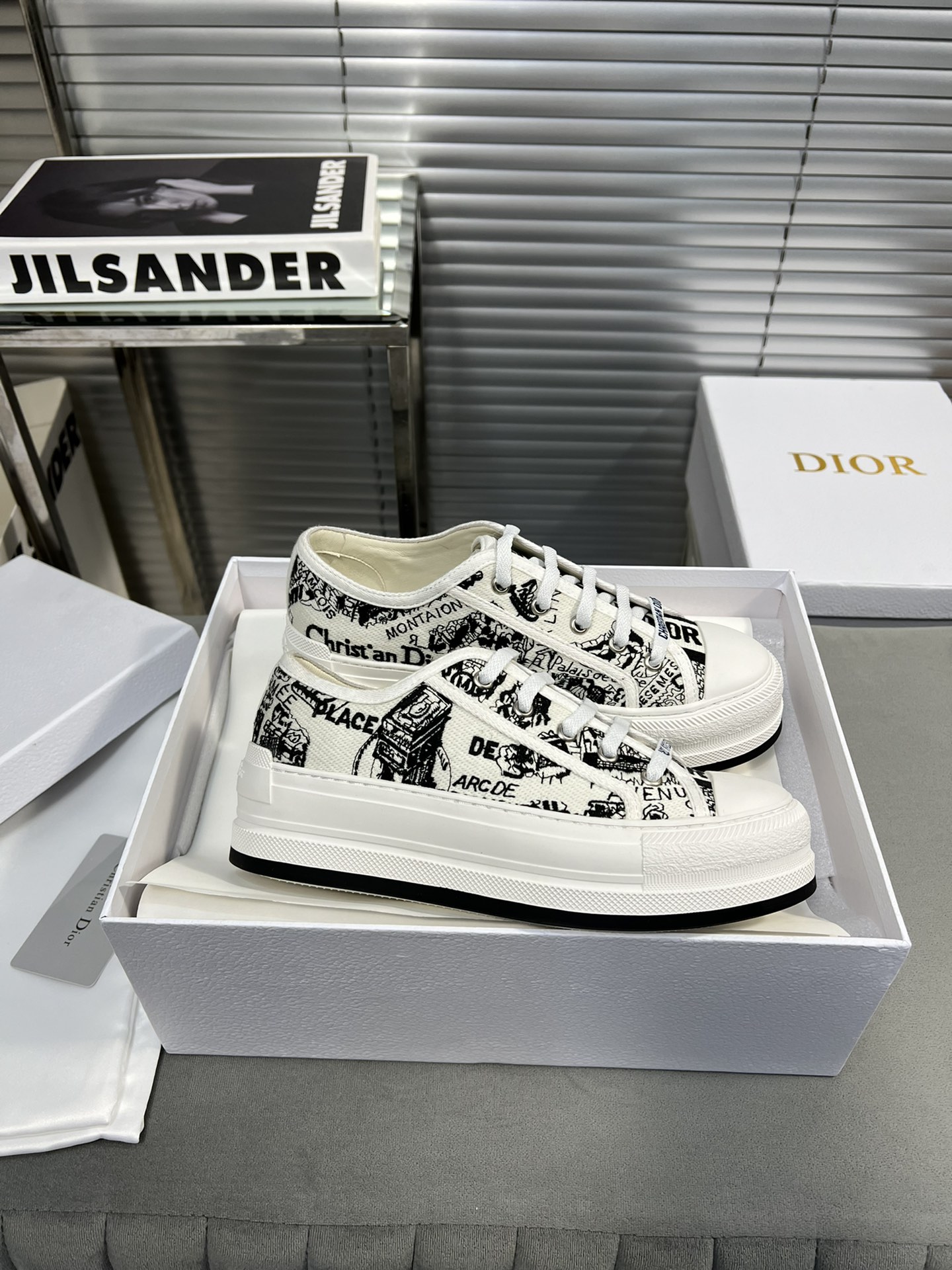 Dior Walk'n'Dior Embroidered Canvas Sneakers White/Black, Thick Sole