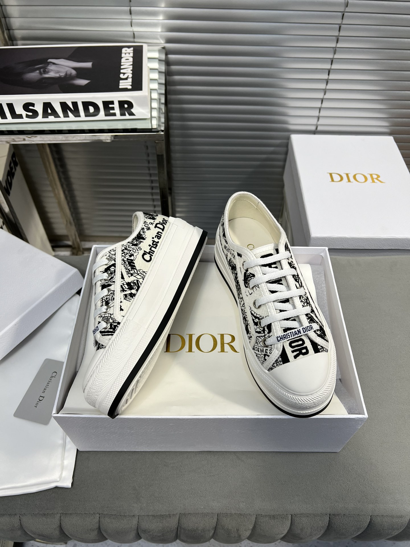 Dior Walk'n'Dior Embroidered Canvas Sneakers White/Black, Thick Sole 4 i1682278860 5957 1