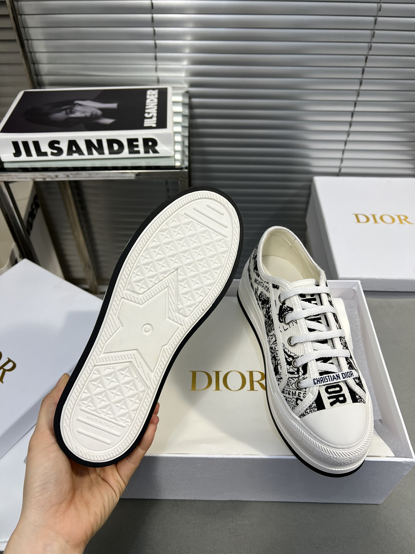 Dior Walk'n'Dior Embroidered Canvas Sneakers White/Black, Thick Sole 10 i1682278860 8380 8