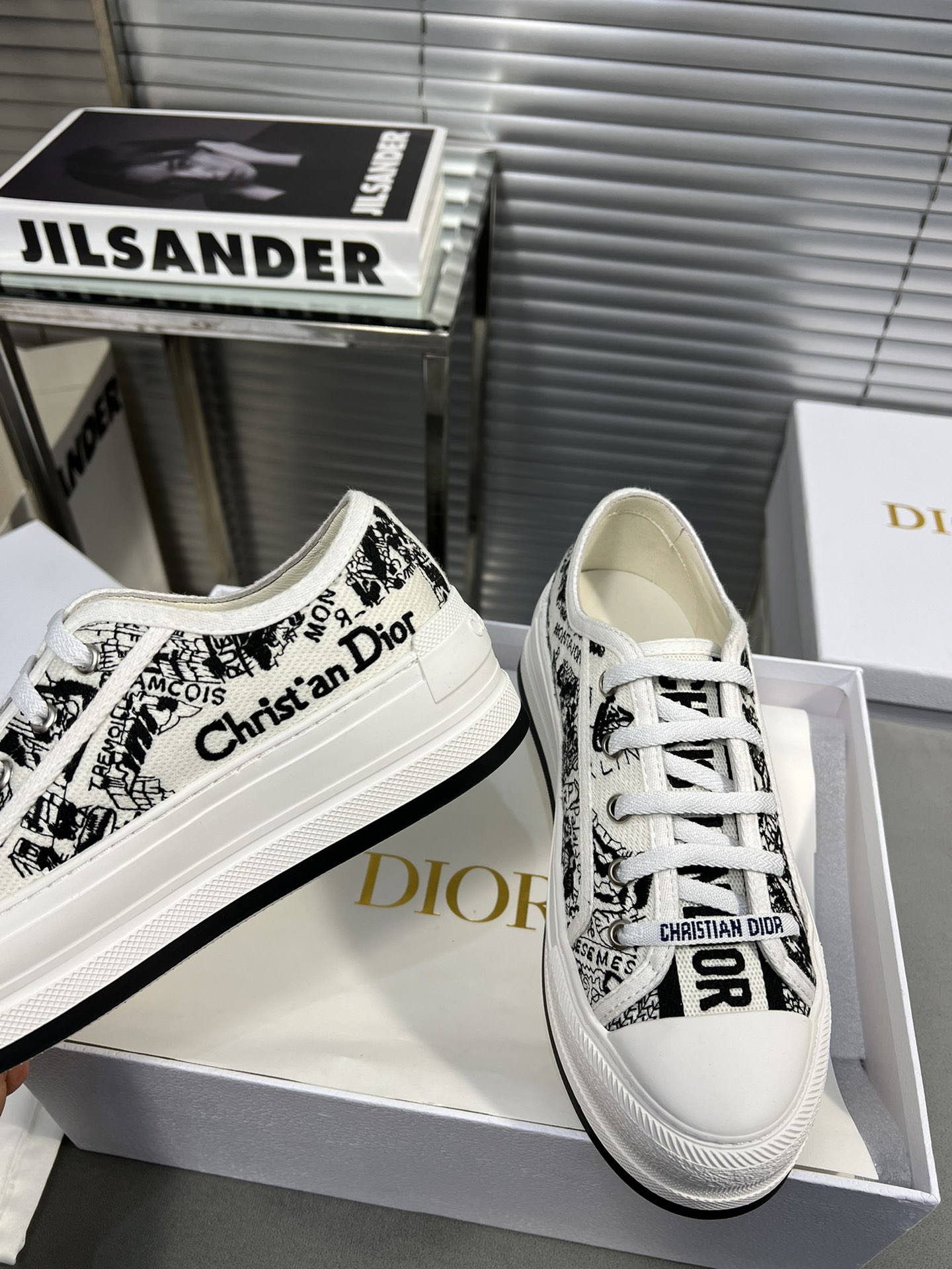 Dior Walk'n'Dior Embroidered Canvas Sneakers White/Black, Thick Sole 6 i1682278860 8963 4