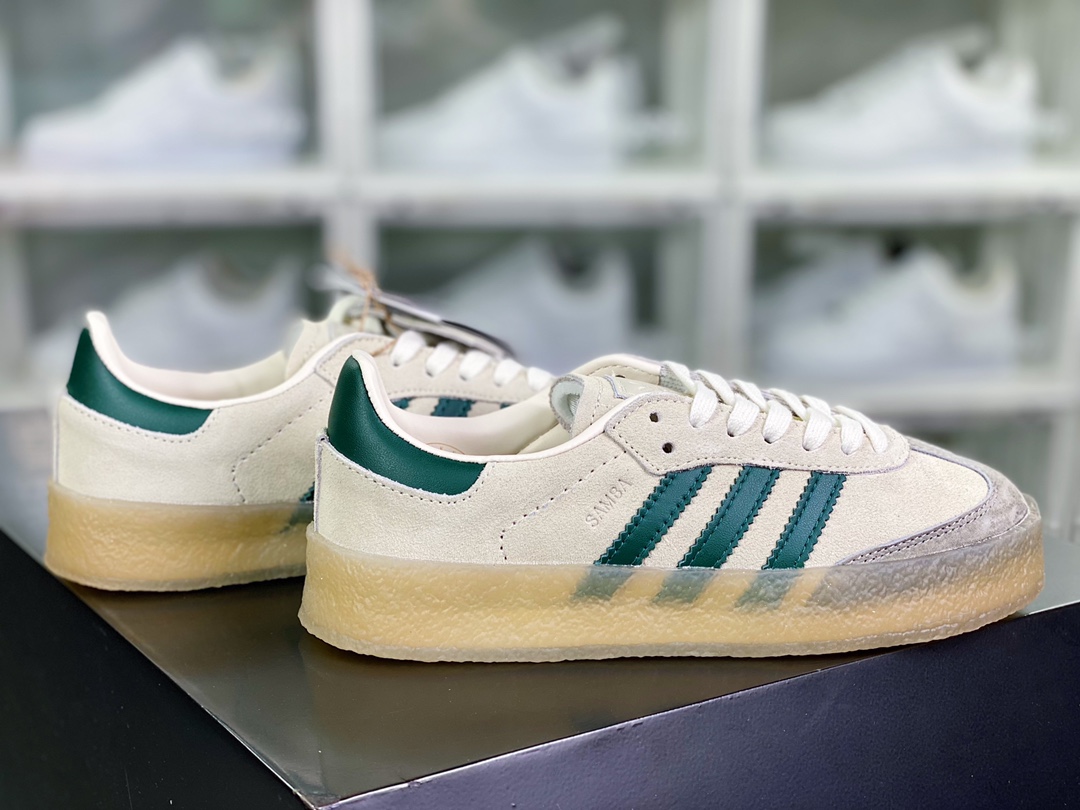 Adidas Originals 8th Street Samba ”Chalk White” Samba Street Series Low-top Sneakers ”Gray and Dark Green Rubber Sole” ID7297