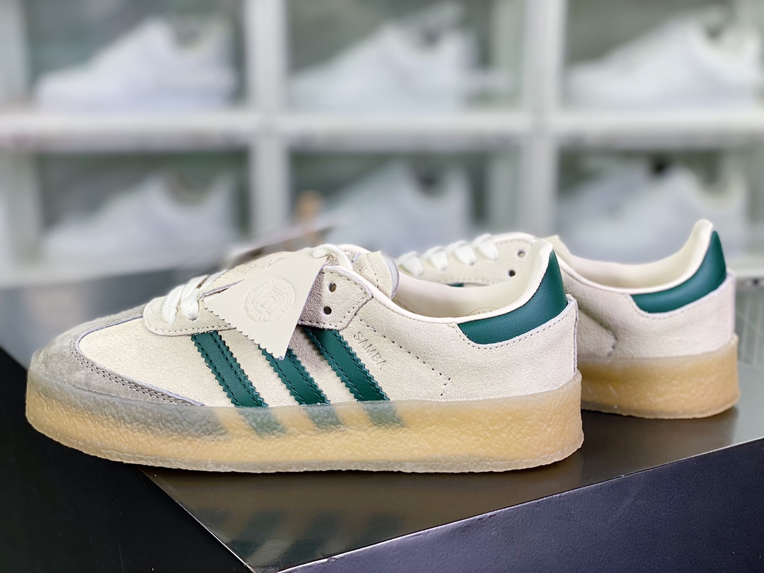 Adidas Originals 8th Street Samba ”Chalk White” Samba Street Series Low-top Sneakers ”Gray and Dark Green Rubber Sole” ID7297