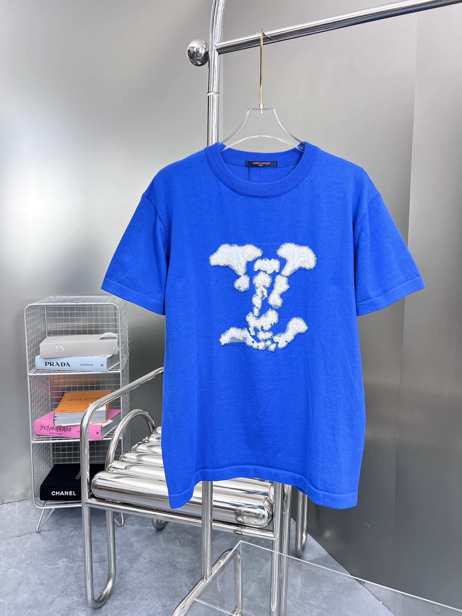 Louis Vuitton Clothing T-Shirt Blue White Cotton Spring Collection
