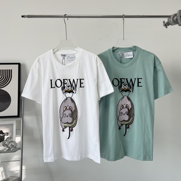 Loewe Clothing T-Shirt Green White Printing Combed Cotton Summer Collection Short Sleeve