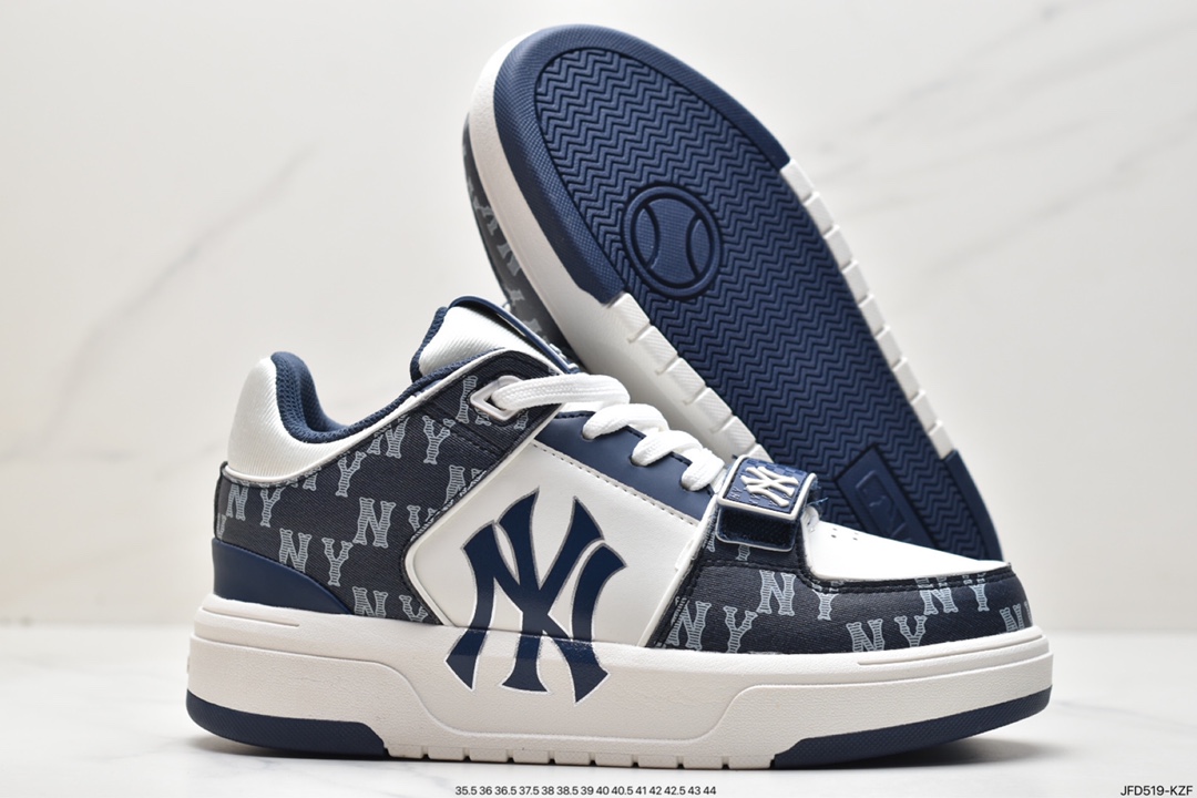 MLB Chunky Liner New York Yankees Senior Shoes Series Low-top Daddy Style Lightweight Jogging Shoes ”Leather White Black NY Print” 3ASXCDN3N (GP002C)