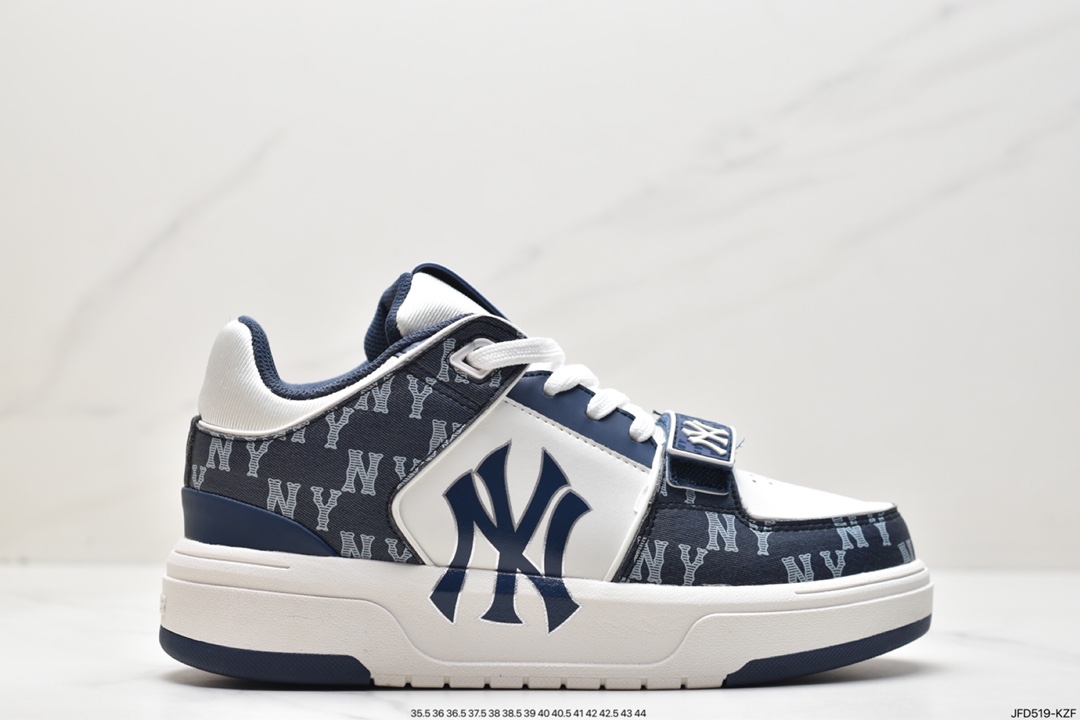 MLB Chunky Liner New York Yankees Senior Shoes Series Low-top Daddy Style Lightweight Jogging Shoes ”Leather White Black NY Print” 3ASXCDN3N (GP002C)