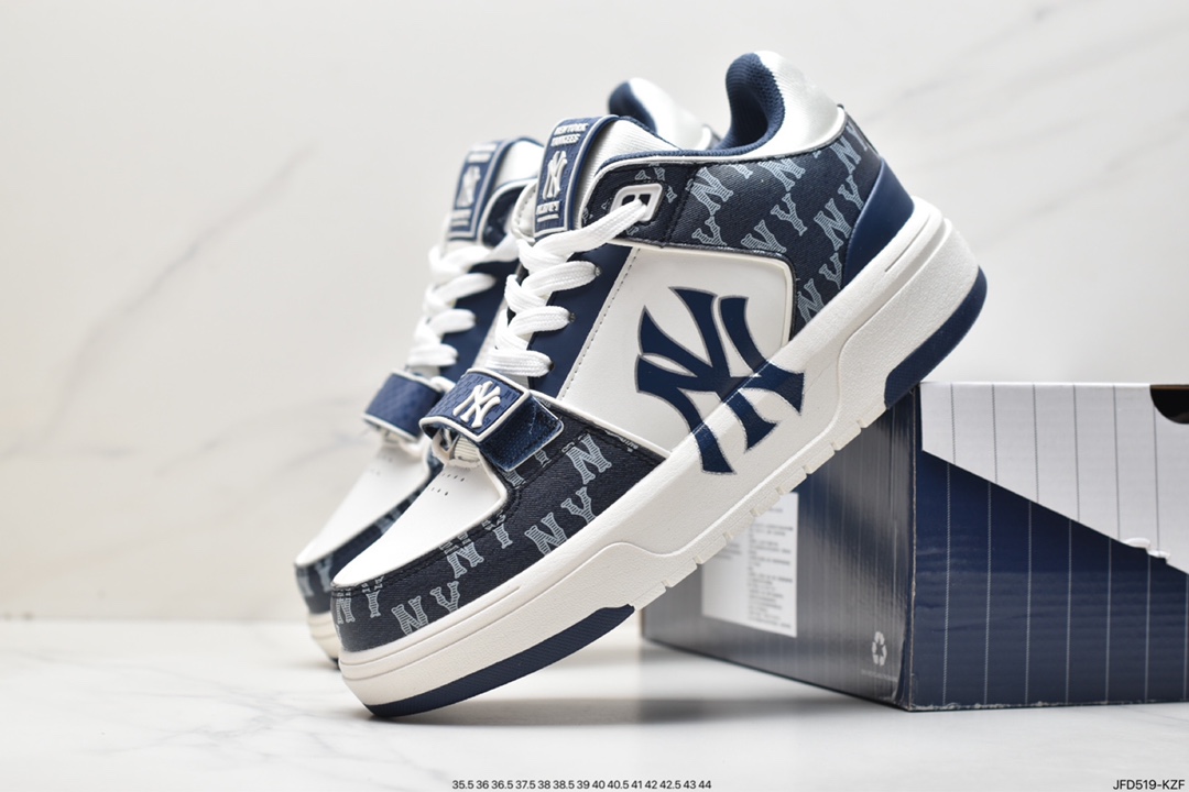 MLB Chunky Liner New York Yankees Senior Shoes Series Low-top Daddy Style Lightweight Jogging Shoes ”Leather White Black NY Print” 3ASXCDN3N (GP002C)