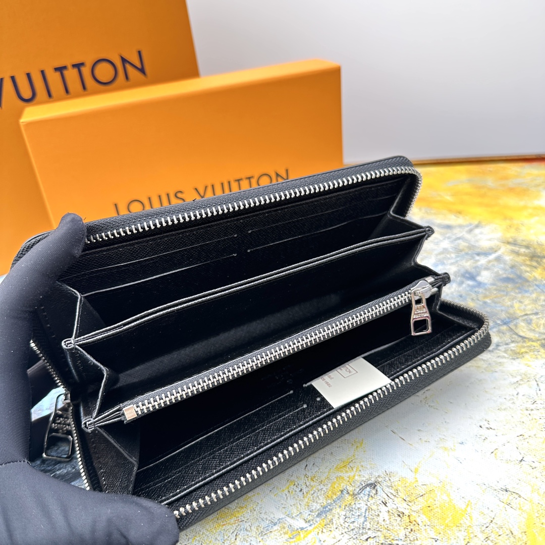 Leather long zip wallet showing stylish details.