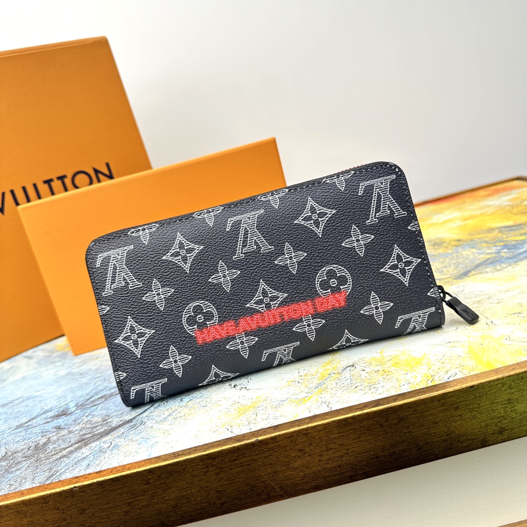 Front view of a stylish leather long wallet with zipper