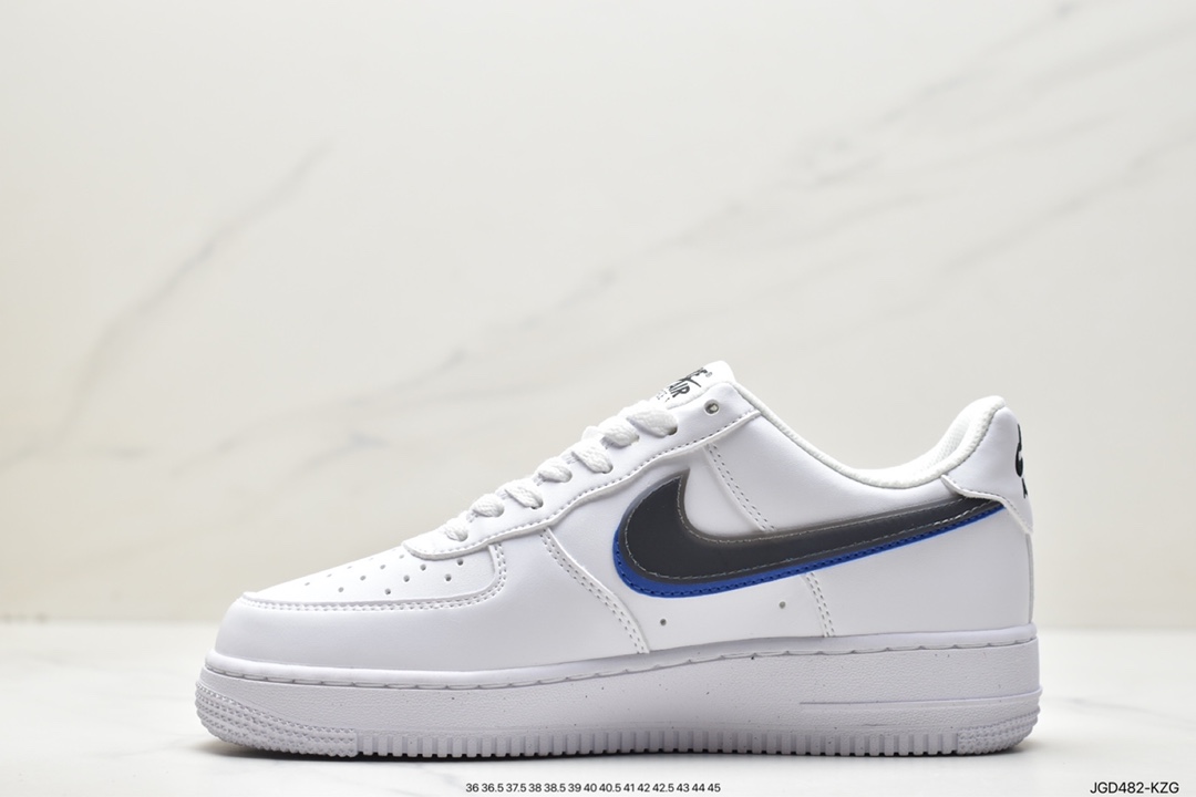 Nike Air Force 1 Low Impact Next Nature ”Double Swoosh White Black Blue” Air Force One Sneakers ”Leather White Dark Gray Royal Blue Double Hook” FD0688-100