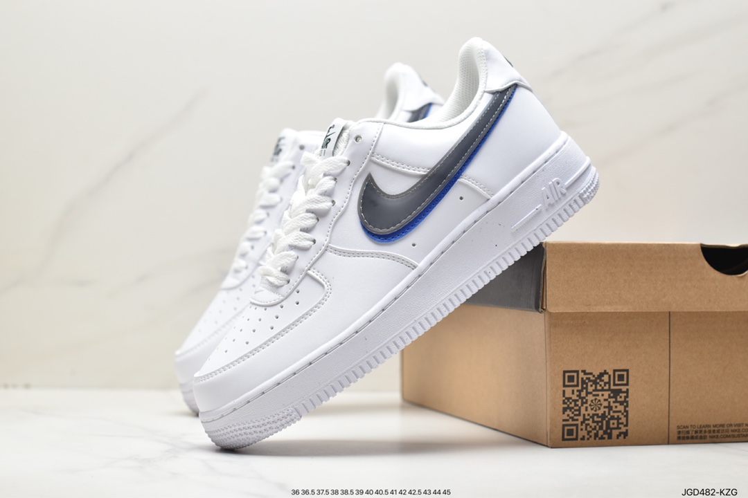 Nike Air Force 1 Low Impact Next Nature ”Double Swoosh White Black Blue” Air Force One Sneakers ”Leather White Dark Gray Royal Blue Double Hook” FD0688-100