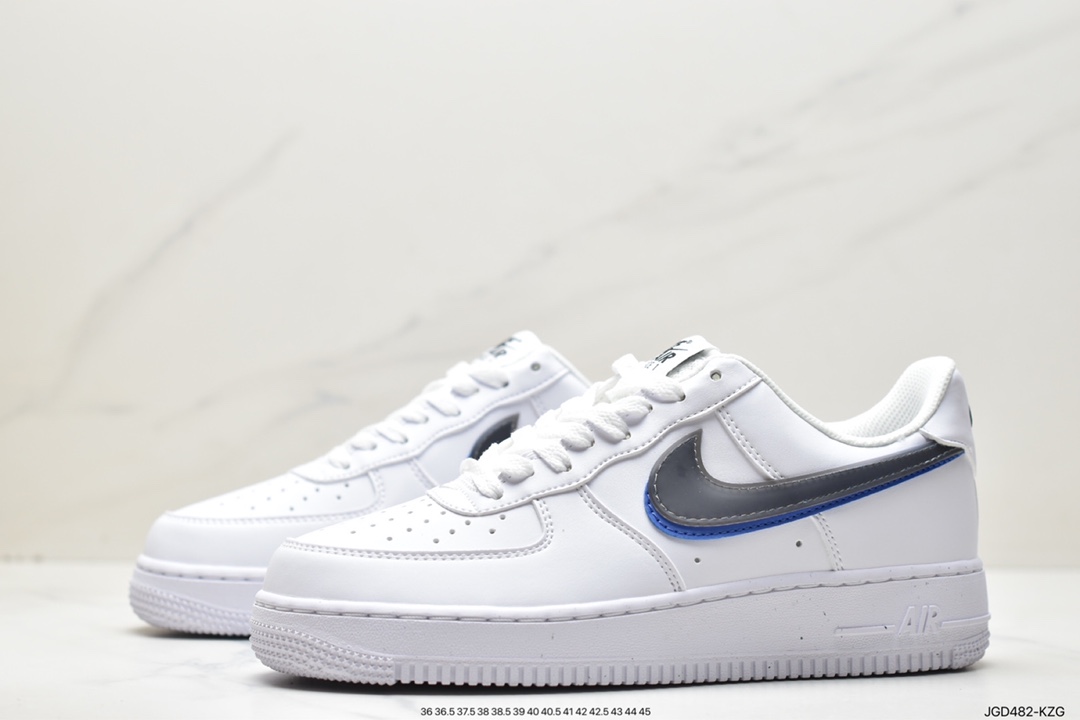 Nike Air Force 1 Low Impact Next Nature ”Double Swoosh White Black Blue” Air Force One Sneakers ”Leather White Dark Gray Royal Blue Double Hook” FD0688-100