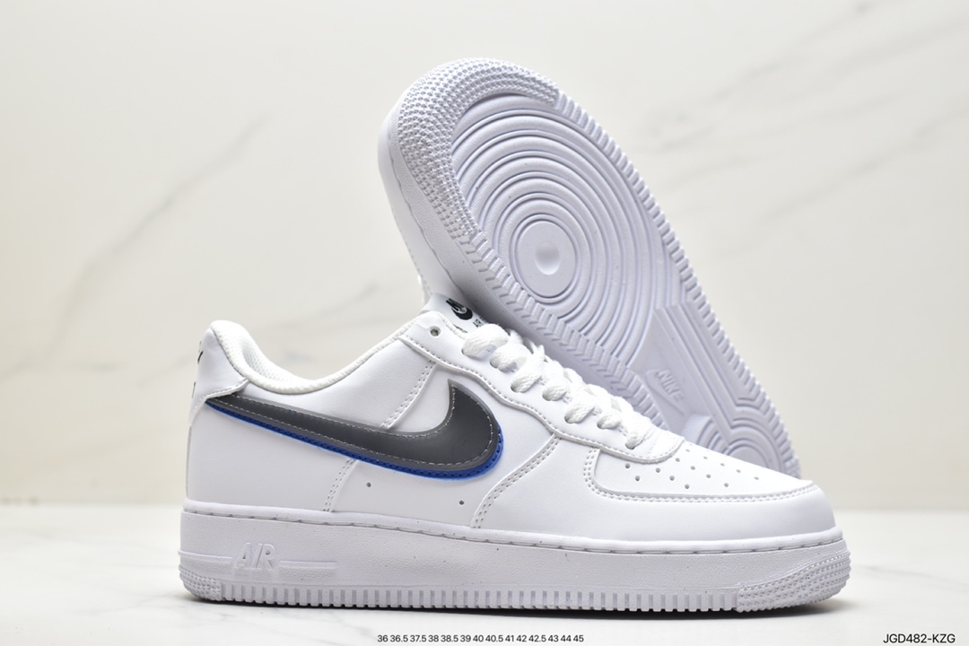 Nike Air Force 1 Low Impact Next Nature ”Double Swoosh White Black Blue” Air Force One Sneakers ”Leather White Dark Gray Royal Blue Double Hook” FD0688-100