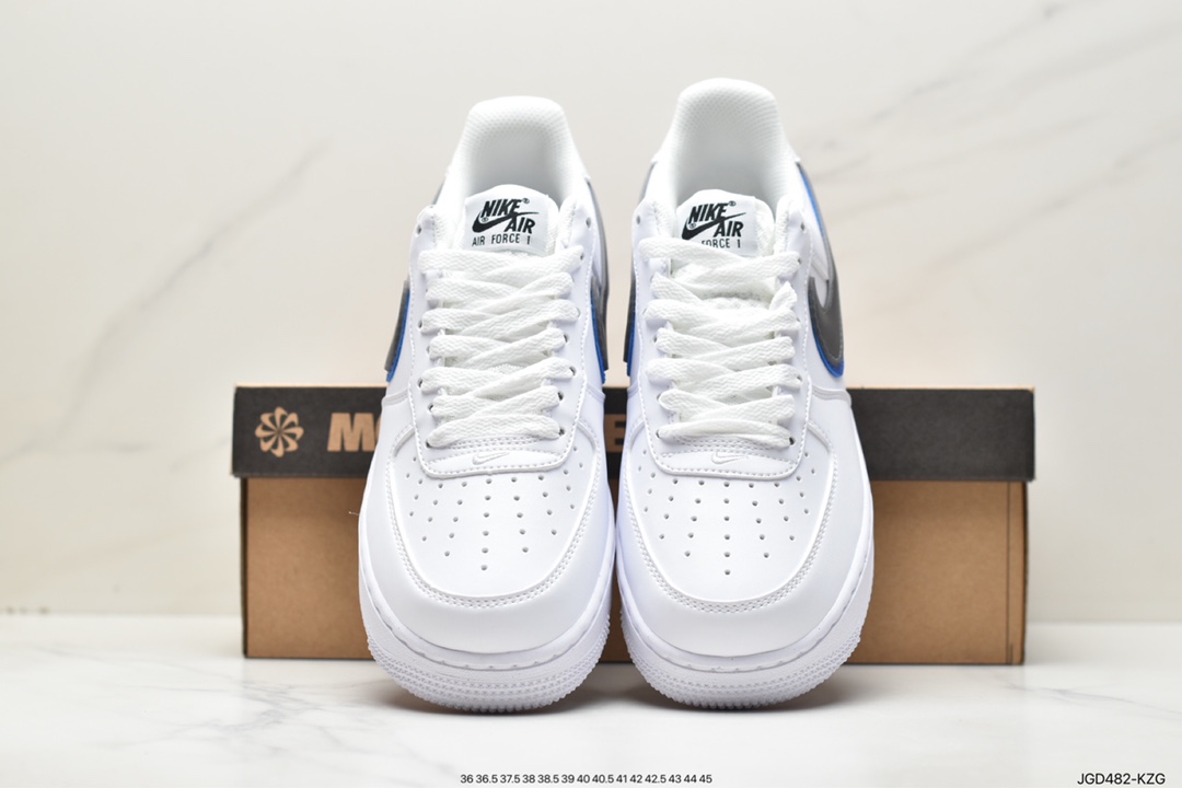 Nike Air Force 1 Low Impact Next Nature ”Double Swoosh White Black Blue” Air Force One Sneakers ”Leather White Dark Gray Royal Blue Double Hook” FD0688-100