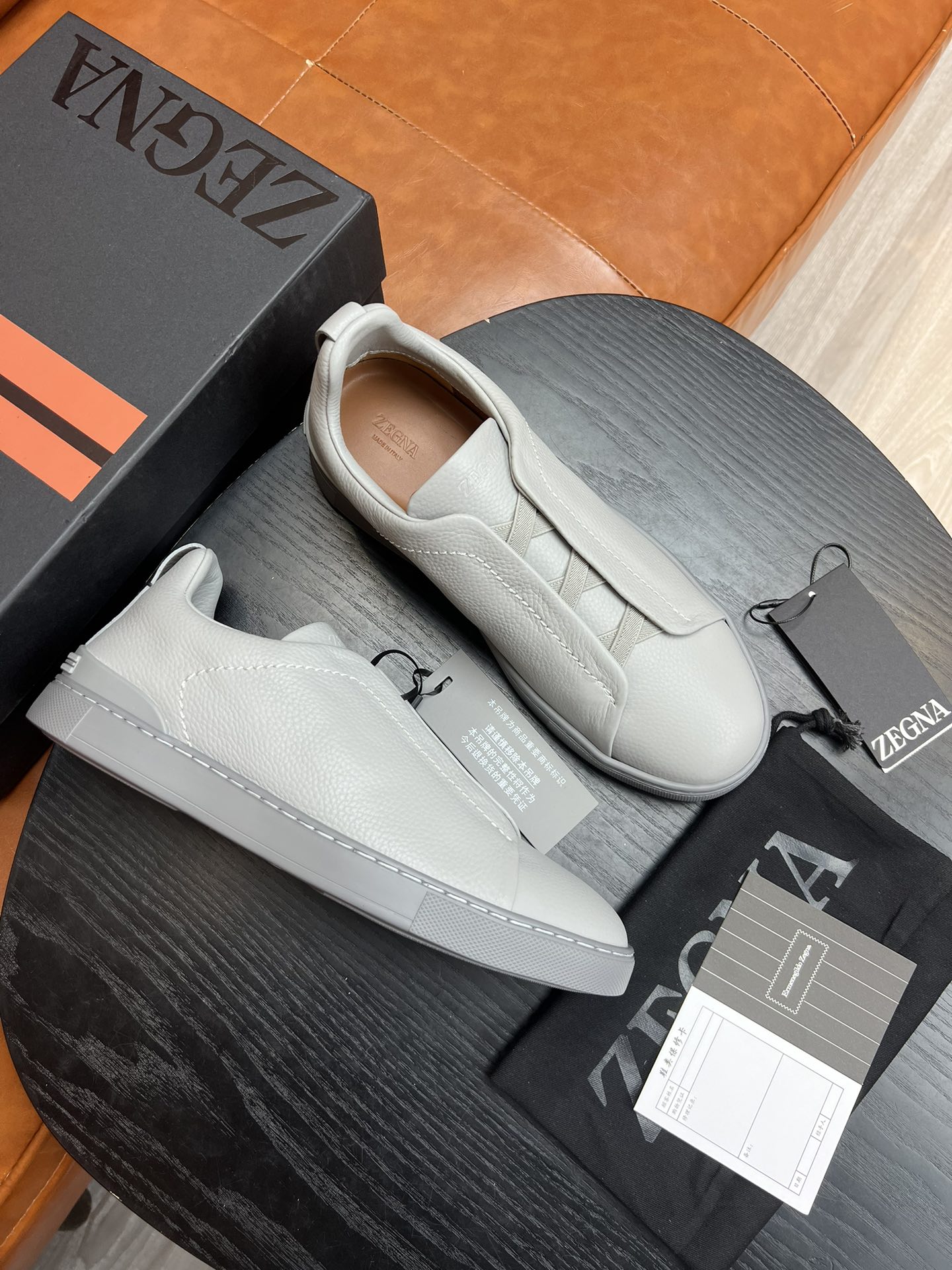 Ermenegildo Zegna Triple Stitch Leather Sneakers - Light Grey, Italian Made 4 i1682501559 2521 3