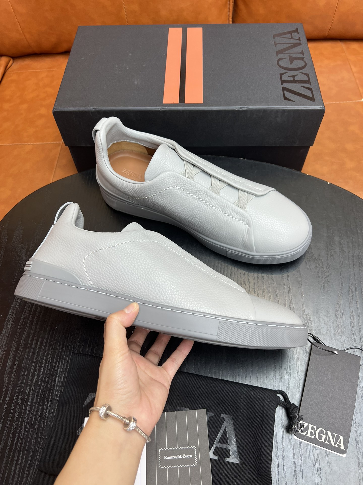 Ermenegildo Zegna Triple Stitch Leather Sneakers - Light Grey, Italian Made 5 i1682501559 7290 4