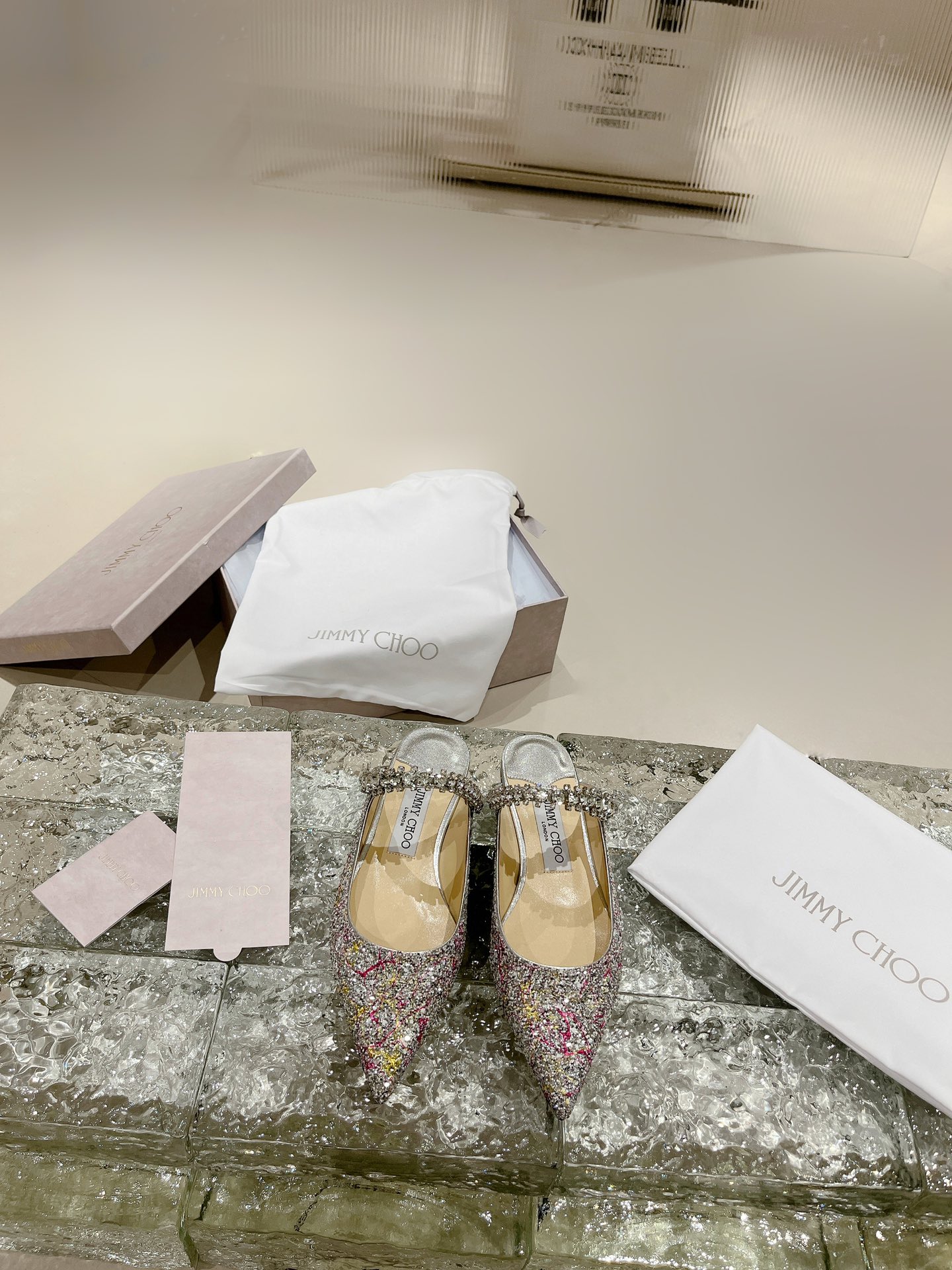 JIMMY CHOO High Heel Pointed Toe Pumps Pearl Glitter Hotfix Rhinestones + Imported Sheepskin Full Grain Crystal Sheepskin