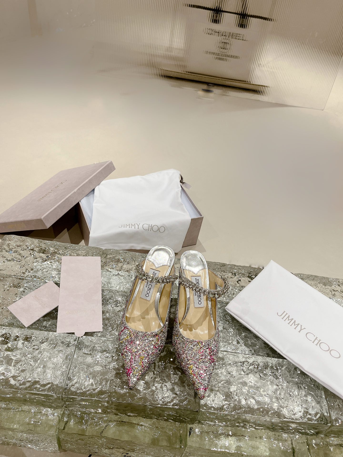 JIMMY CHOO ハイヒール ポインテッドトゥパンプス パールグリッター 高温ホットフィックスラインストーン+輸入ラムホエール フルグレインクリスタルラムレザー