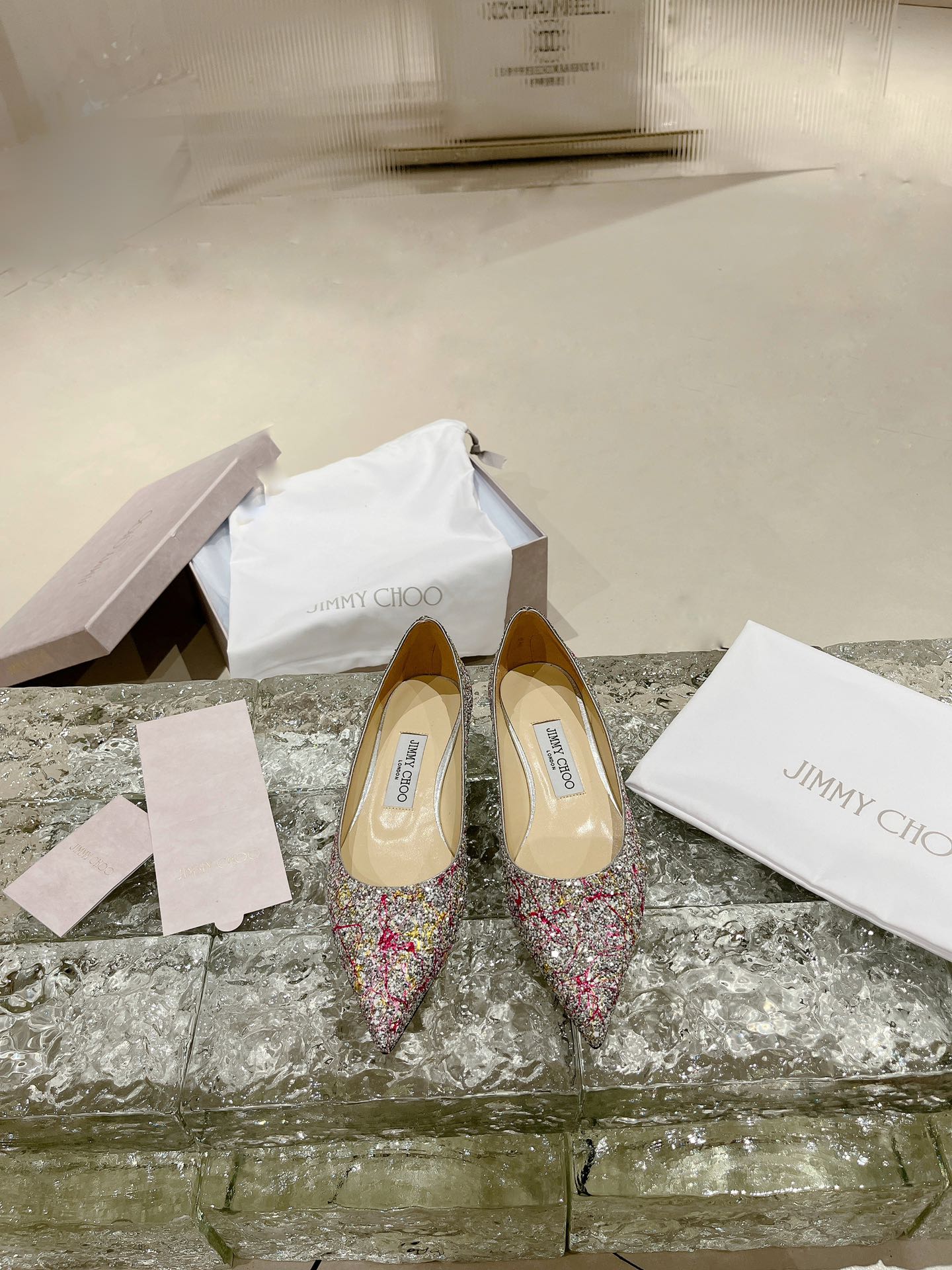 JIMMY CHOO High Heel Pointed Toe Pumps Pearl Glitter Hotfix Rhinestones + Imported Sheepskin Full Grain Crystal Sheepskin