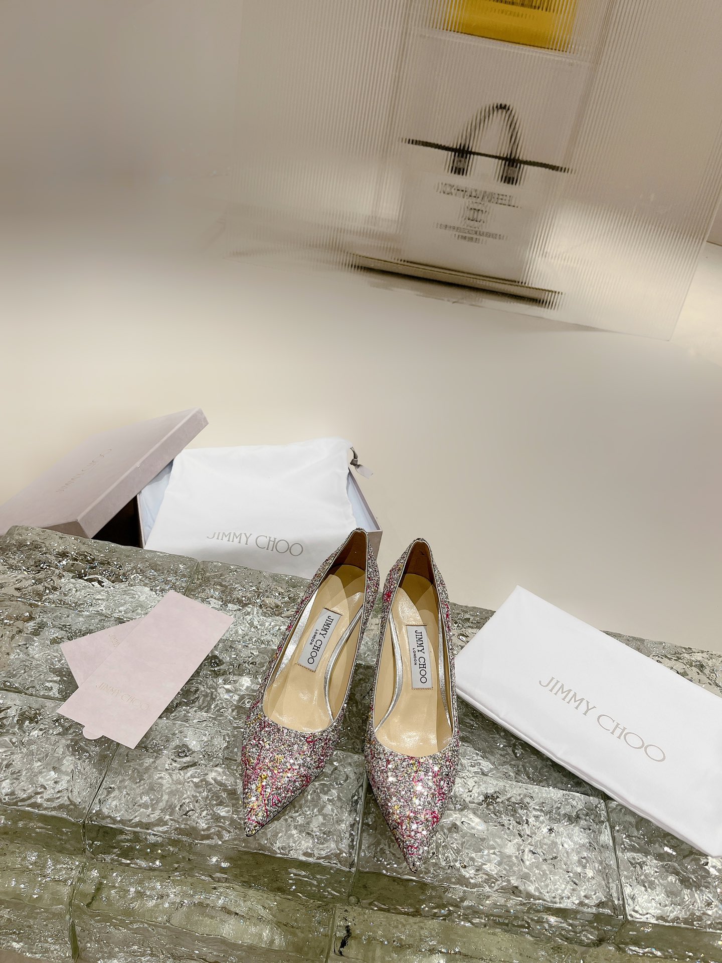 JIMMY CHOO High Heel Pointed Toe Pumps Pearl Glitter Hotfix Rhinestones + Imported Sheepskin Full Grain Crystal Sheepskin
