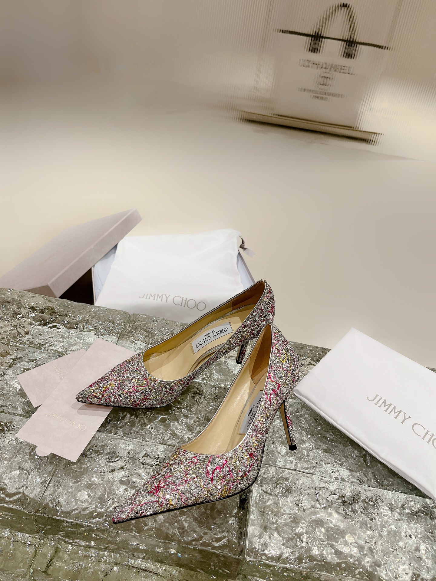 JIMMY CHOO High Heel Pointed Toe Pumps Pearl Glitter Hotfix Rhinestones + Imported Sheepskin Full-Grain Crystal Sheepskin