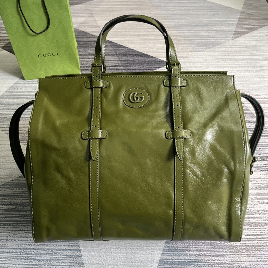 GUCCI 森林綠 皮革 托特包 大號 雙G 琺瑯