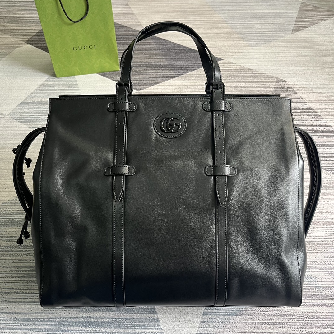 GUCCI 黑色皮革 托特包 旅行包 雙G琺瑯