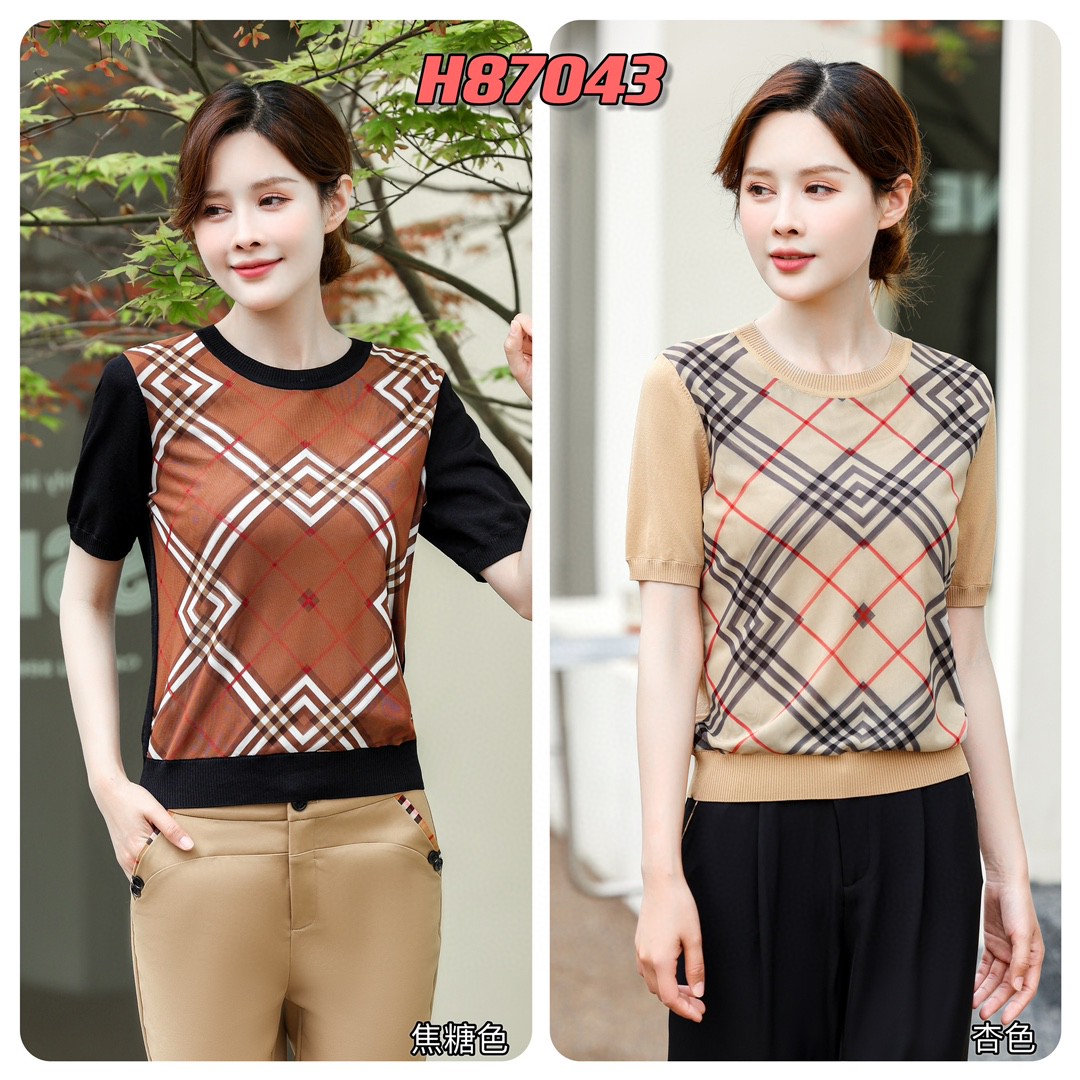 Elegant Plaid Print Knitted Top - Short Sleeve, Round Neck, Summer Fashion 6 a1682556552695 5623