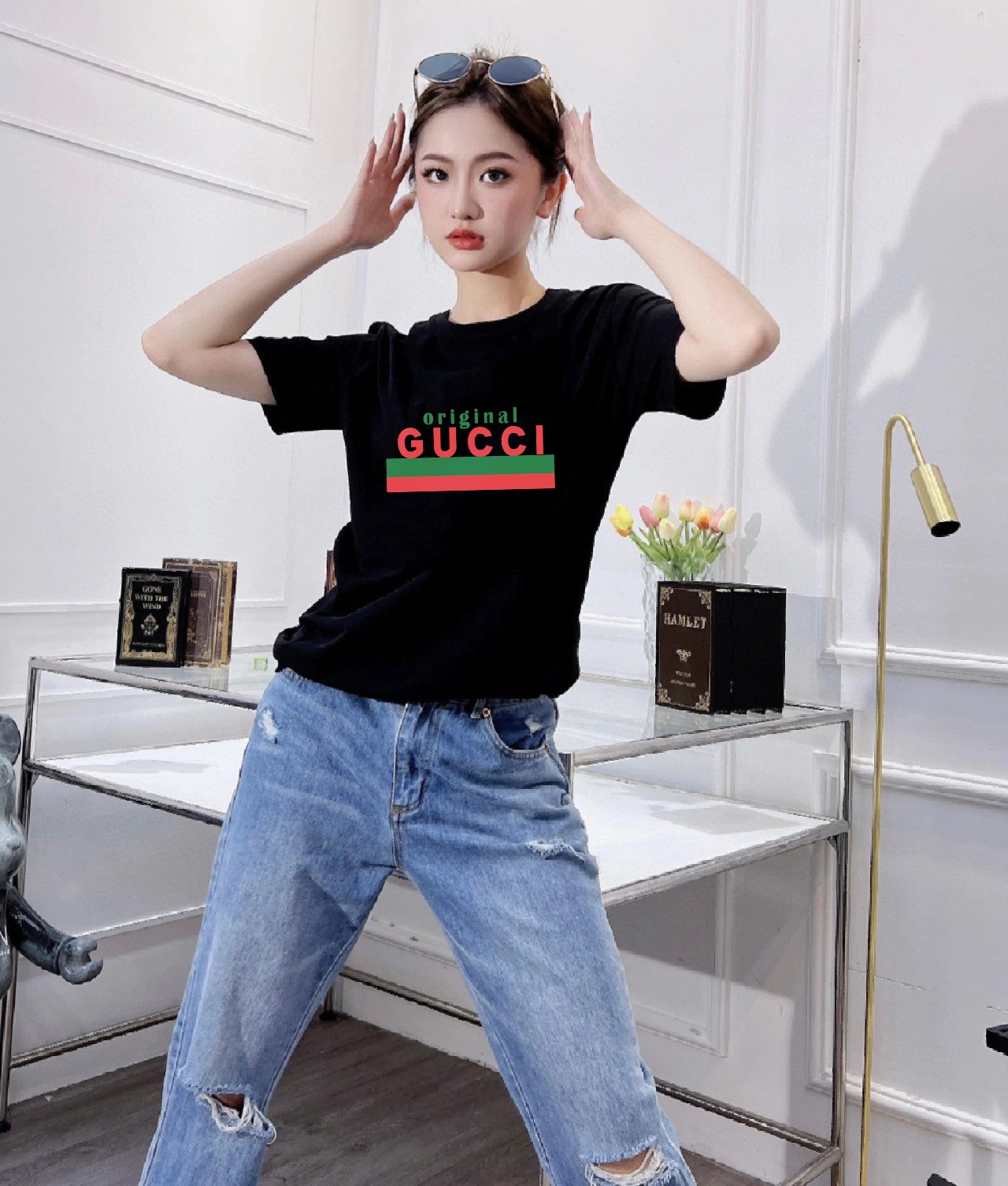 Gucci Roupa Camiseta Preto Branco Unissexo Tricô Manga Curta