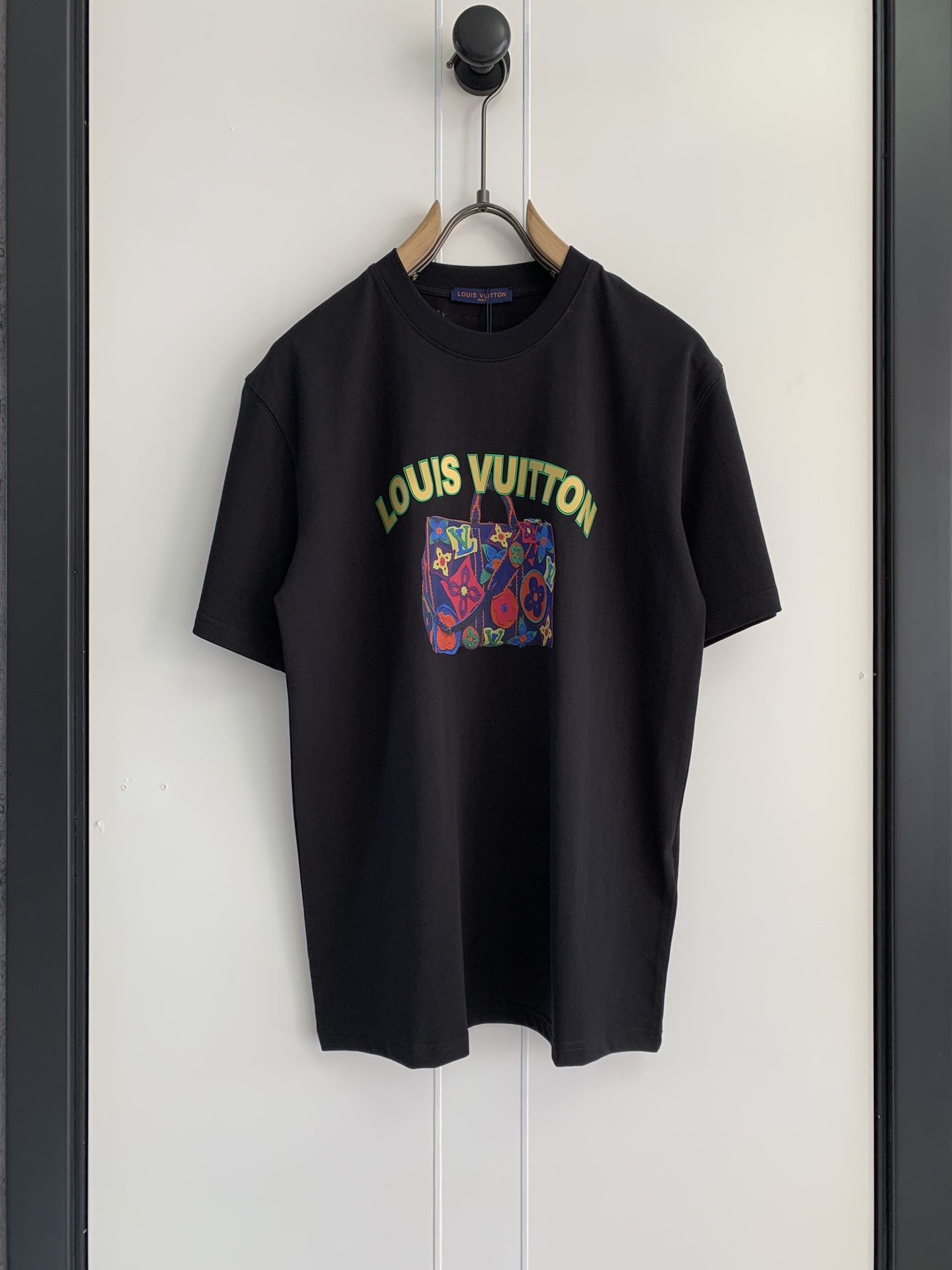 Louis Vuitton Clothing T-Shirt Black White Printing Cotton Fashion Short Sleeve